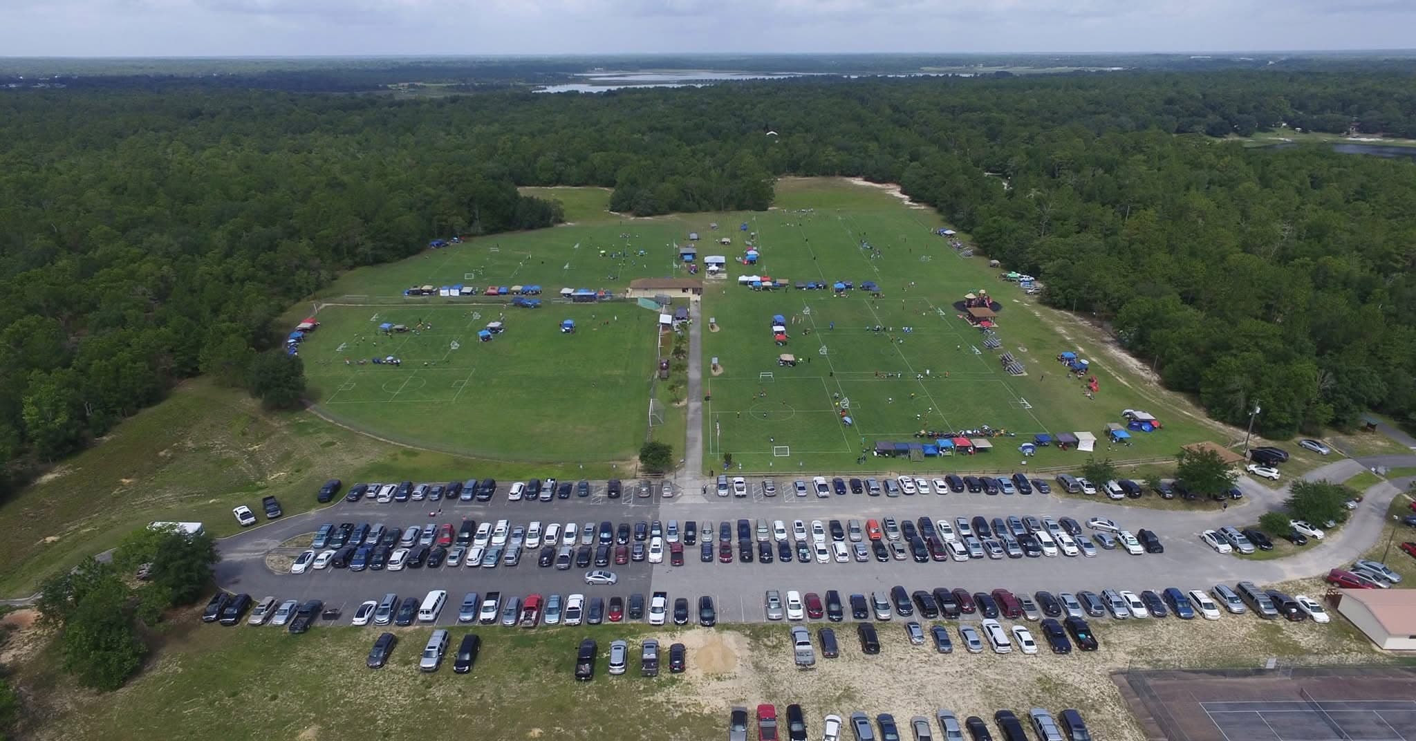 Aerial view of a game day at Twin Lakes Park